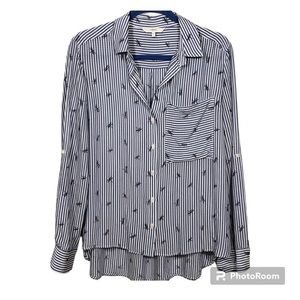 Next Button Up Blouse Dragonfly Design High Low Striped Size 10